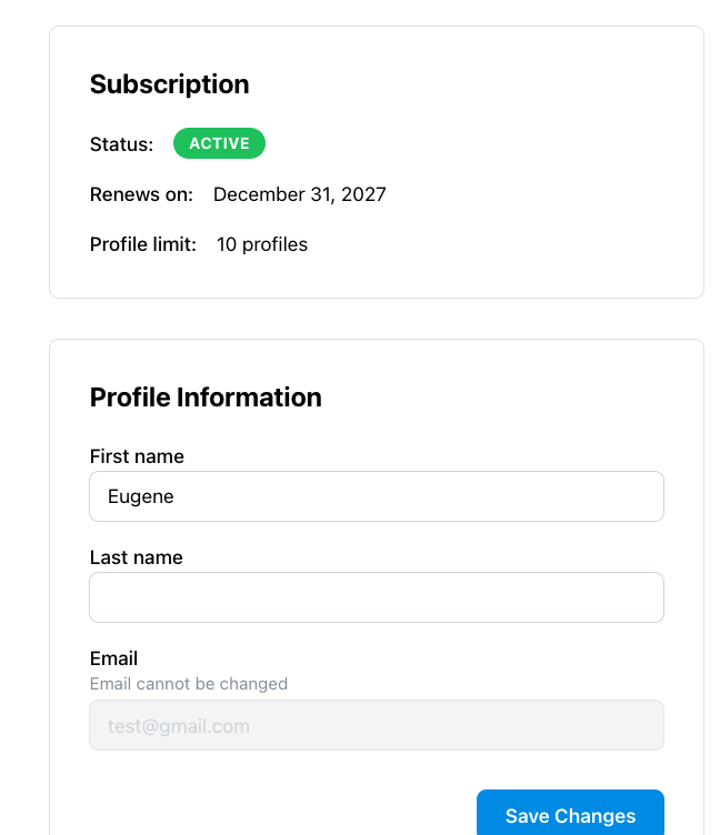 Account page showing subscription status, renewal date and profile limit, and the Profile Information form