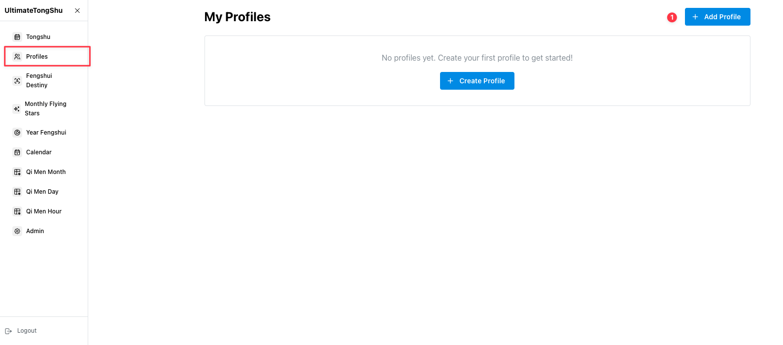 The My Profiles page. Profiles is highlighted in the sidebar and the Add Profile button is marked 1.